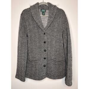 Lauren Ralph Lauren White Black Chevron Academic Old Money Wool Cowl Cardigan XL